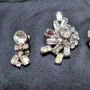 RHINESTONE PIN, EARRINGS, ART DECO DESIGN 1940's VINTAGE BROCHE